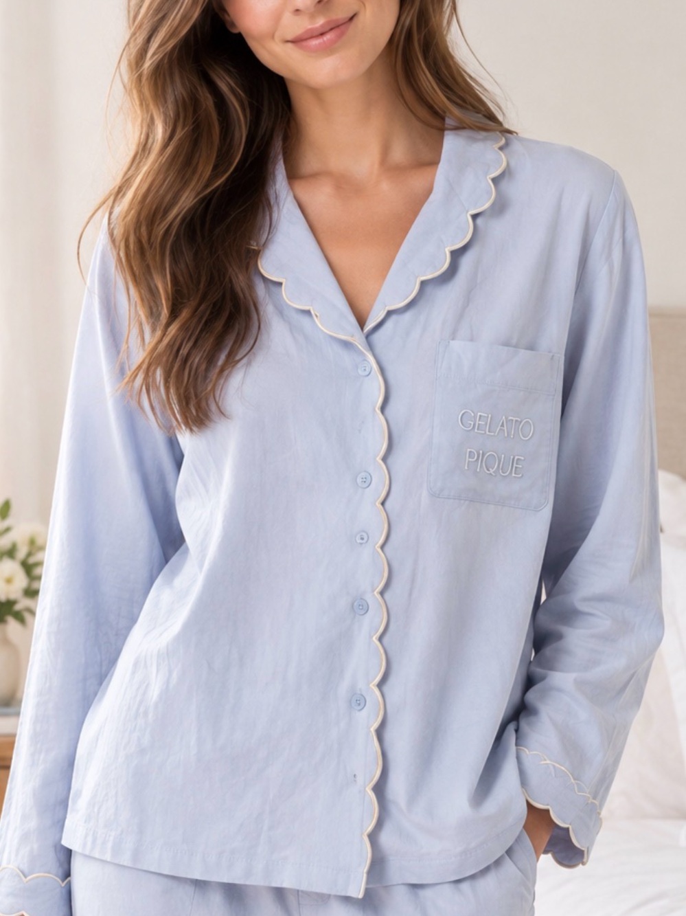 Gelato Pique Women's Light Blue Scalloped-Trim Button Pajama Top. PI 1